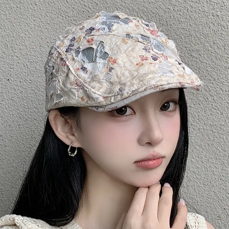 Women Floral Wash Denim Cap Forward Large Circumference — feature 15