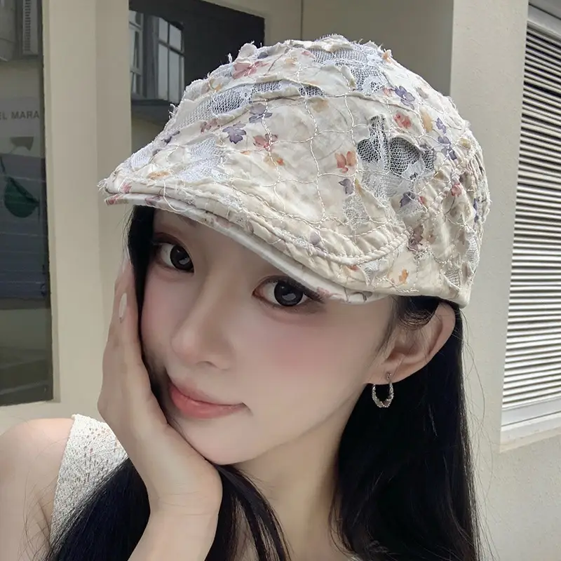 Women Floral Wash Denim Cap Forward Large Circumference — feature 16