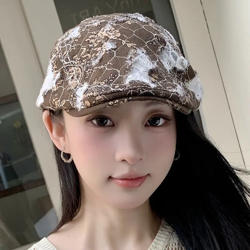 Women Floral Wash Denim Cap Forward Large Circumference — feature 7