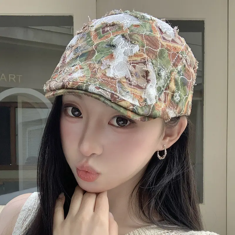 Women Floral Wash Denim Cap Forward Large Circumference - Image 2