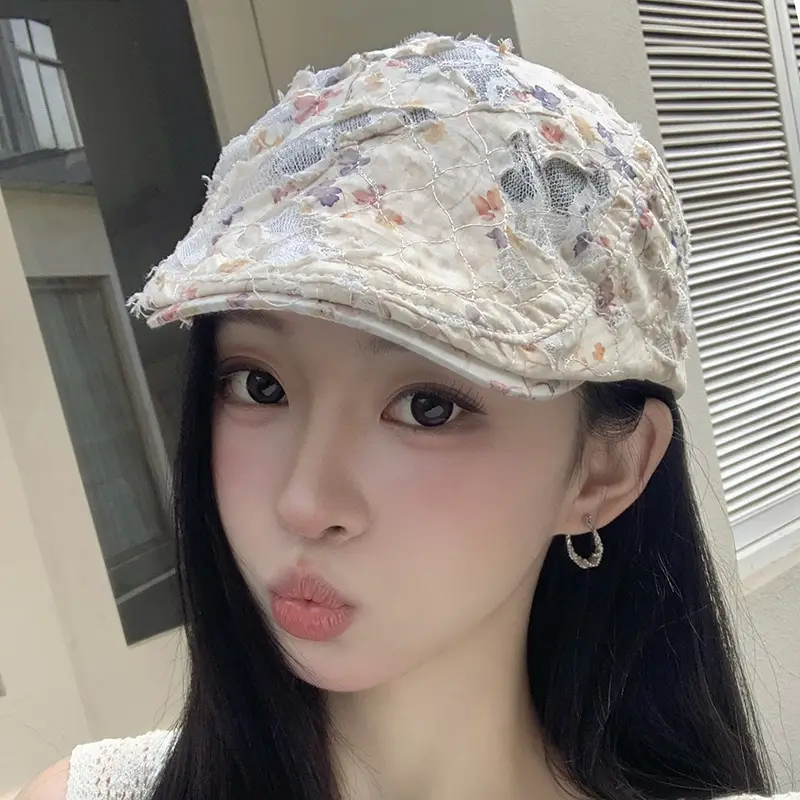 Women Floral Wash Denim Cap Forward Large Circumference - Image 4