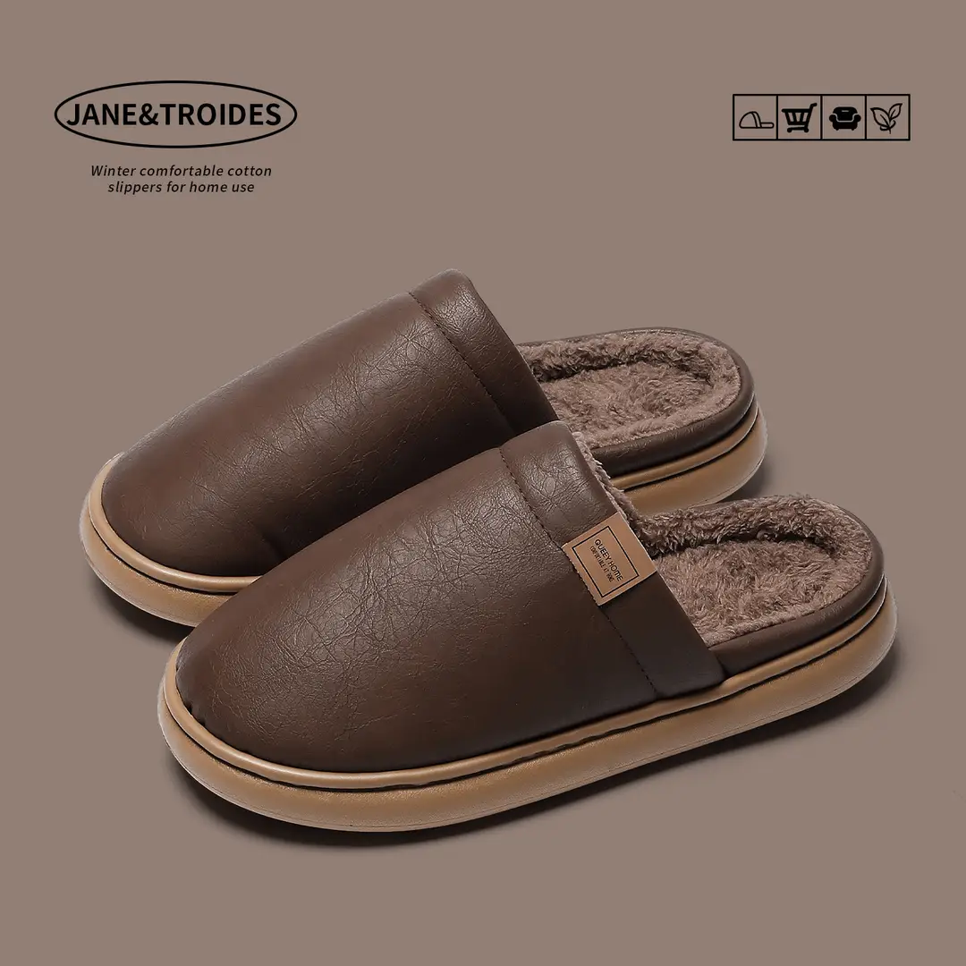 Cotton Slippers for Women in Winter, Waterproof, Velvet and Thick Soles for Home Use, Warm Outer Wear, Non-Slip Plush Couple Cotton Shoes for Men