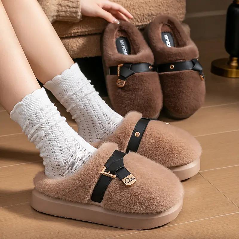 Internet Celebrity Furry Slippers for Women, Winter Fashionable Outer Wear Cotton Slippers, Thick-Soled Non-Slip Warm Home Plush Cotton Slippers - Image 16