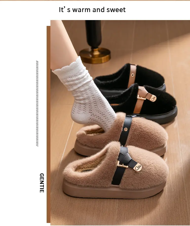 Internet Celebrity Furry Slippers for Women, Winter Fashionable Outer Wear Cotton Slippers, Thick-Soled Non-Slip Warm Home Plush Cotton Slippers — feature 17