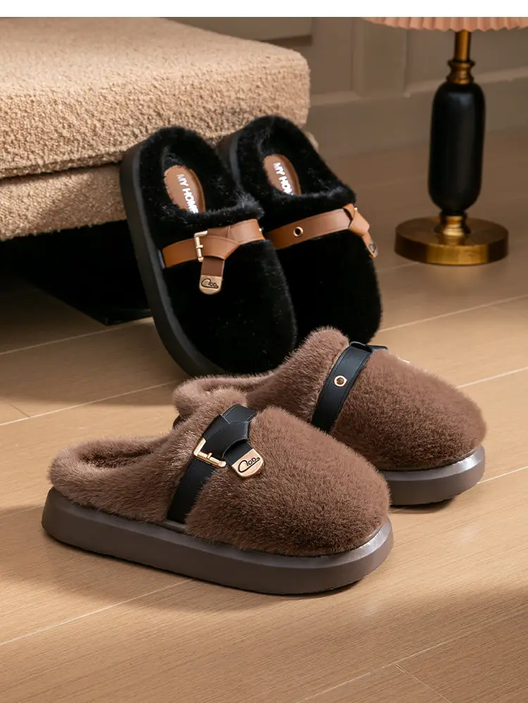 Internet Celebrity Furry Slippers for Women, Winter Fashionable Outer Wear Cotton Slippers, Thick-Soled Non-Slip Warm Home Plush Cotton Slippers — feature 18