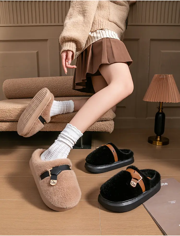 Internet Celebrity Furry Slippers for Women, Winter Fashionable Outer Wear Cotton Slippers, Thick-Soled Non-Slip Warm Home Plush Cotton Slippers — feature 20