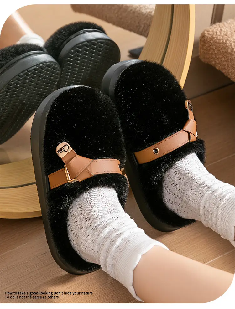 Internet Celebrity Furry Slippers for Women, Winter Fashionable Outer Wear Cotton Slippers, Thick-Soled Non-Slip Warm Home Plush Cotton Slippers — feature 3