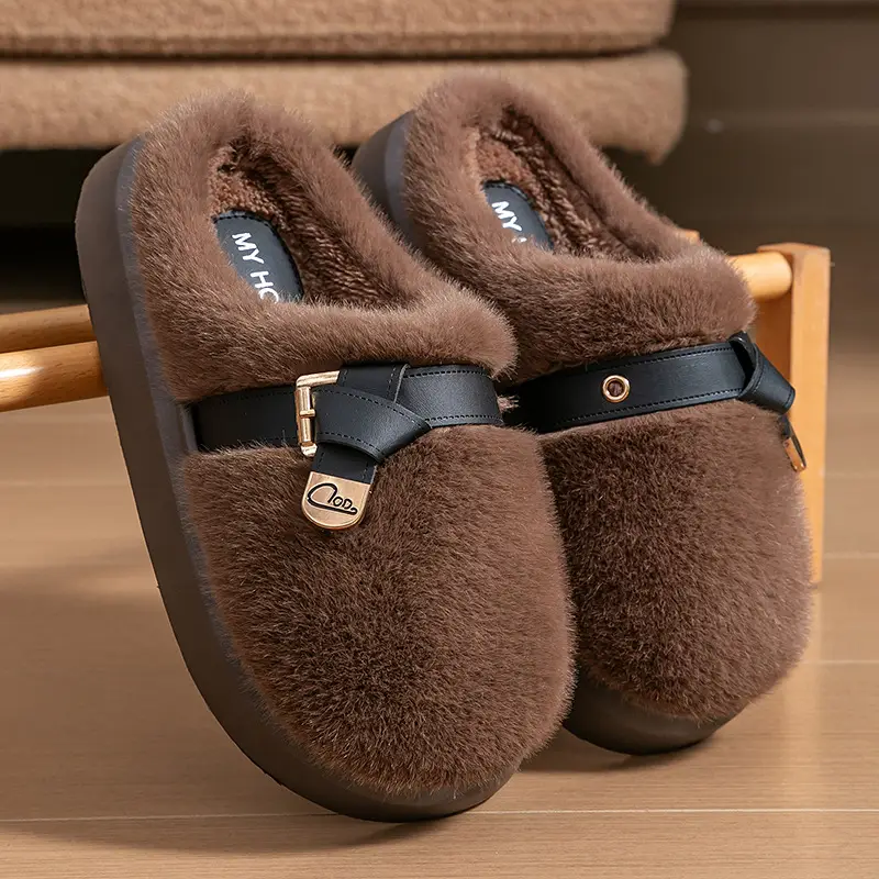 Internet Celebrity Furry Slippers for Women, Winter Fashionable Outer Wear Cotton Slippers, Thick-Soled Non-Slip Warm Home Plush Cotton Slippers - Image 2