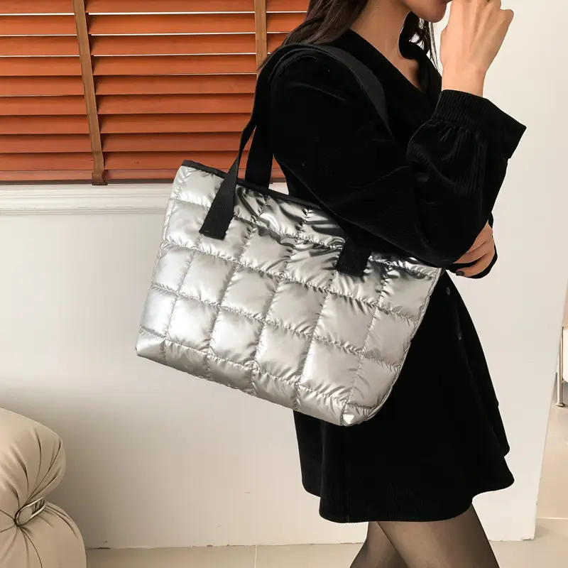 Women's Silver Puffer Tote Bag 2026 Summer