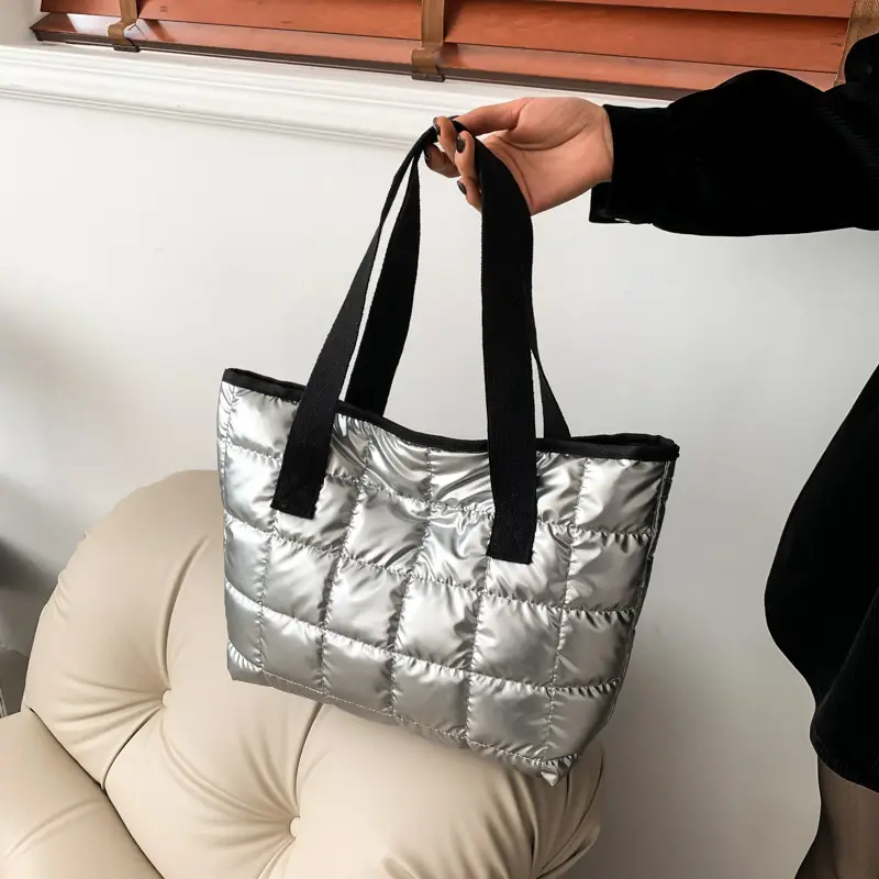 Women's Silver Puffer Tote Bag 2026 Summer
