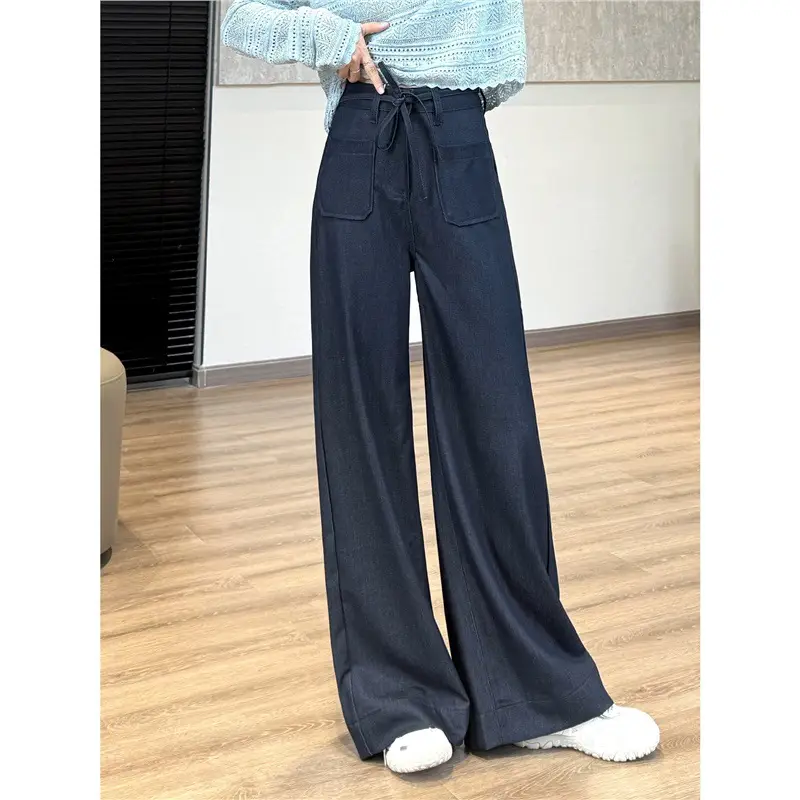 Elegant Dark Blue Faux Denim Wide Leg Pants