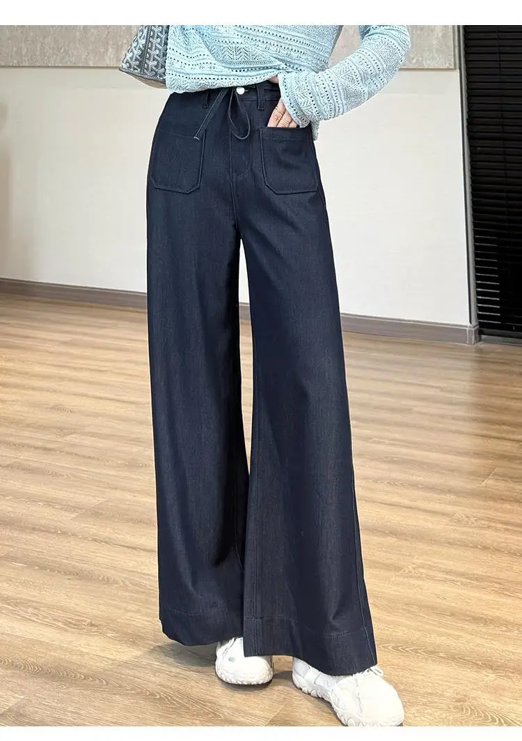 Elegant Dark Blue Faux Denim Wide Leg Pants — feature 10