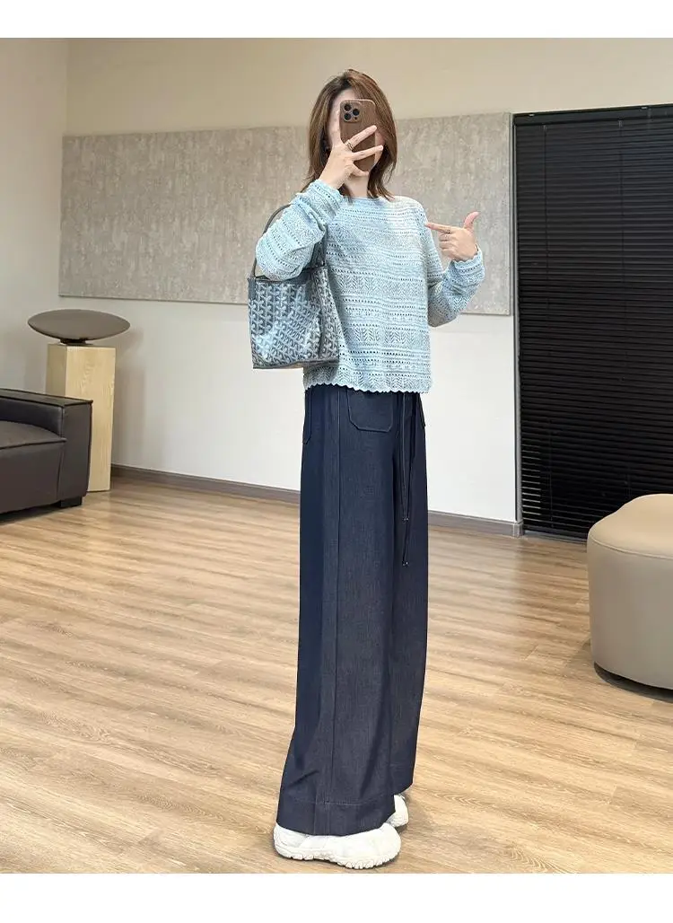Elegant Dark Blue Faux Denim Wide Leg Pants — feature 12