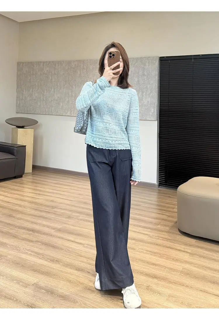 Elegant Dark Blue Faux Denim Wide Leg Pants — feature 13
