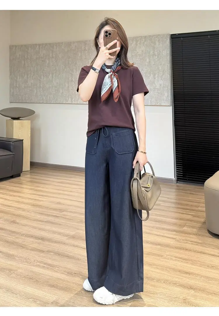 Elegant Dark Blue Faux Denim Wide Leg Pants — feature 14