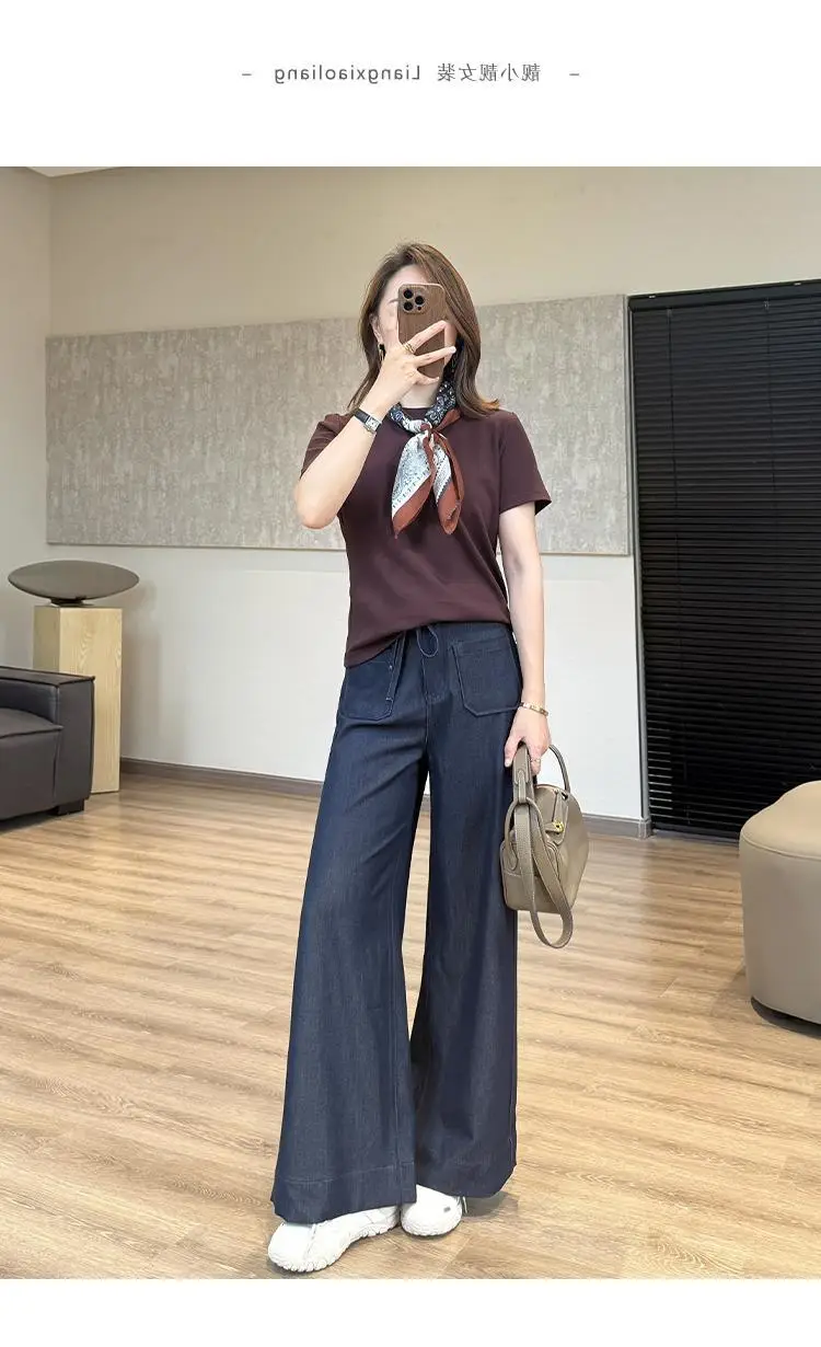 Elegant Dark Blue Faux Denim Wide Leg Pants — feature 15