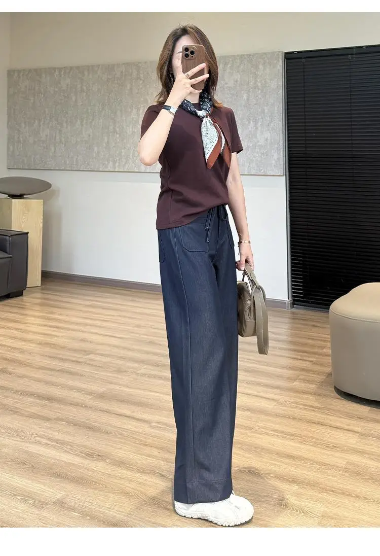 Elegant Dark Blue Faux Denim Wide Leg Pants — feature 16