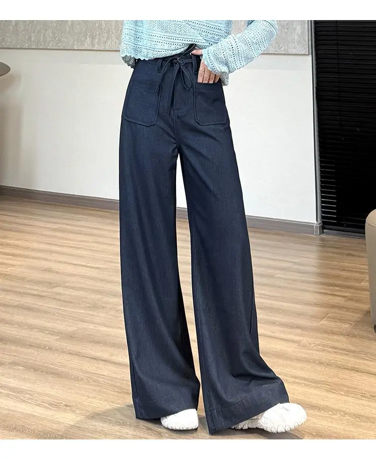 Elegant Dark Blue Faux Denim Wide Leg Pants — feature 17