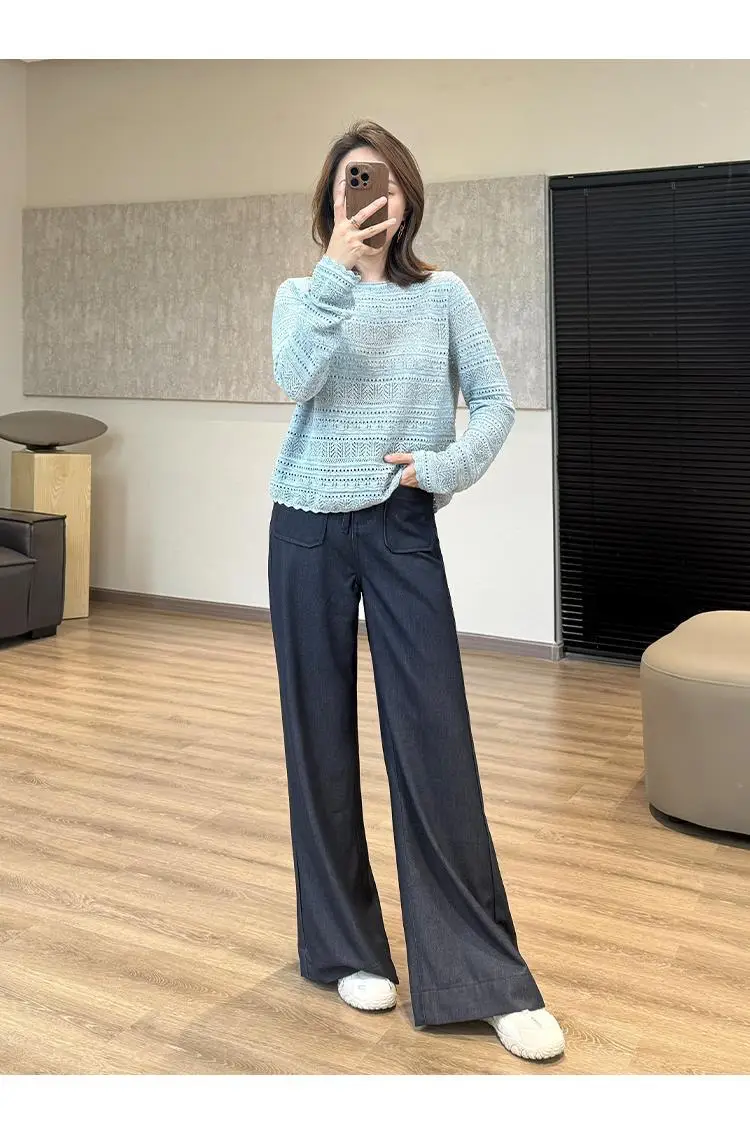Elegant Dark Blue Faux Denim Wide Leg Pants — feature 18