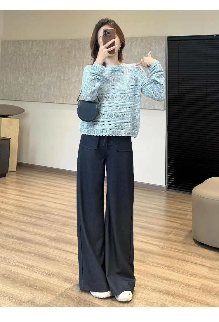 Elegant Dark Blue Faux Denim Wide Leg Pants — feature 19