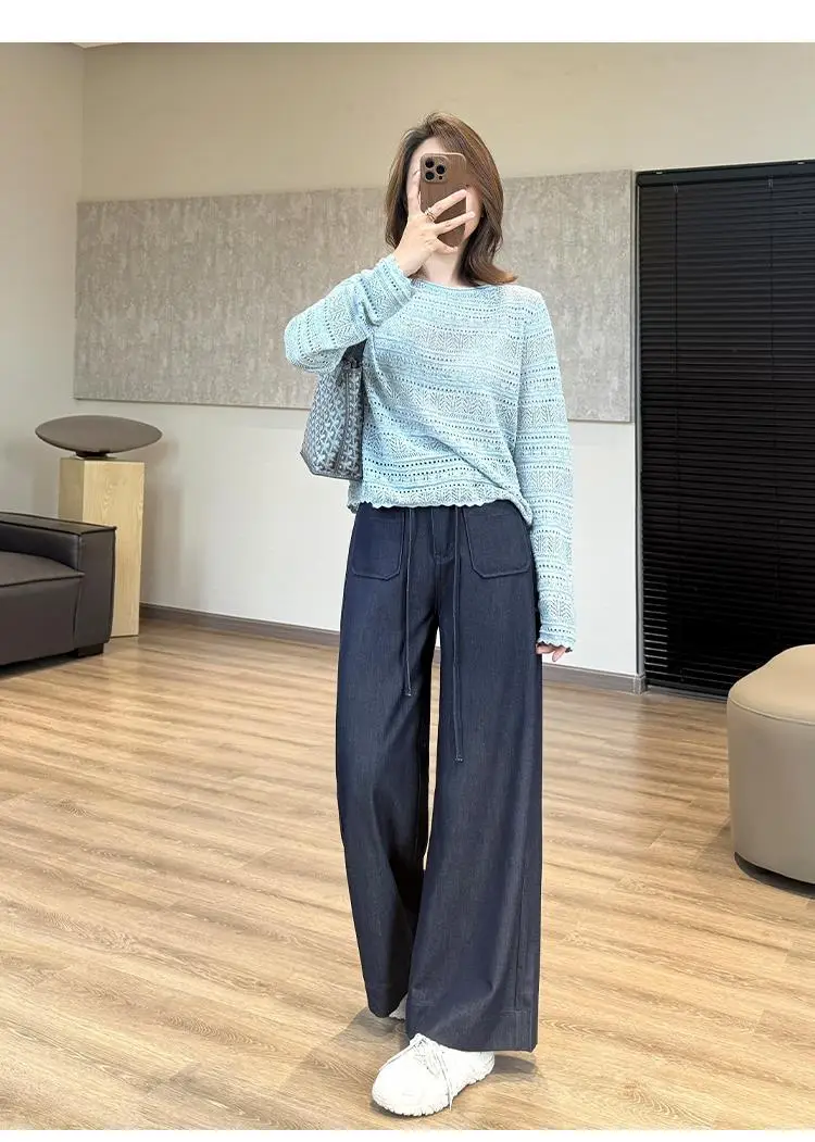 Elegant Dark Blue Faux Denim Wide Leg Pants — feature 7