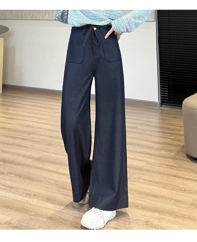 Elegant Dark Blue Faux Denim Wide Leg Pants — feature 9