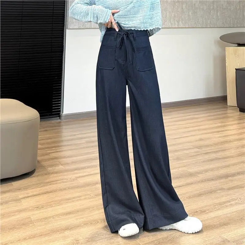 Elegant Dark Blue Faux Denim Wide Leg Pants