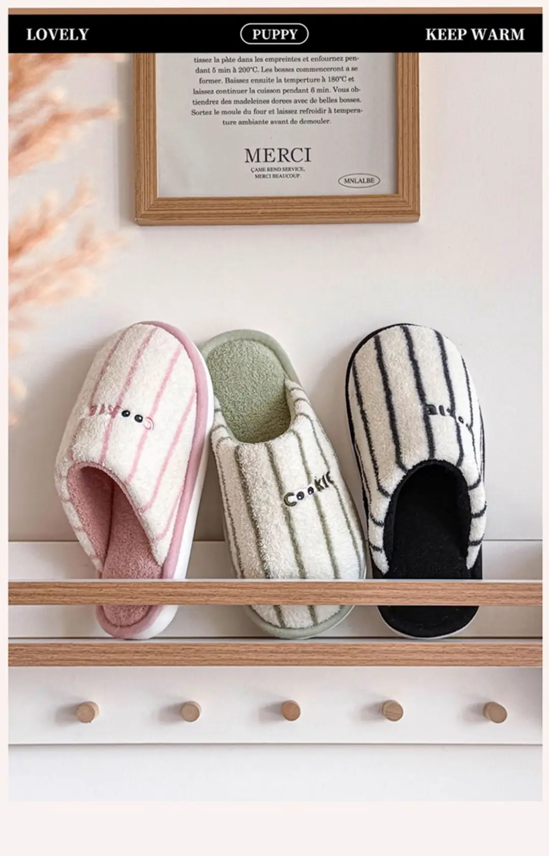 Japanese-Style Striped Cotton Slippers for Women, Autumn and Winter Indoor Home Closed-Toe Plush Thickened Warm Cotton Shoes Wholesale — feature 1