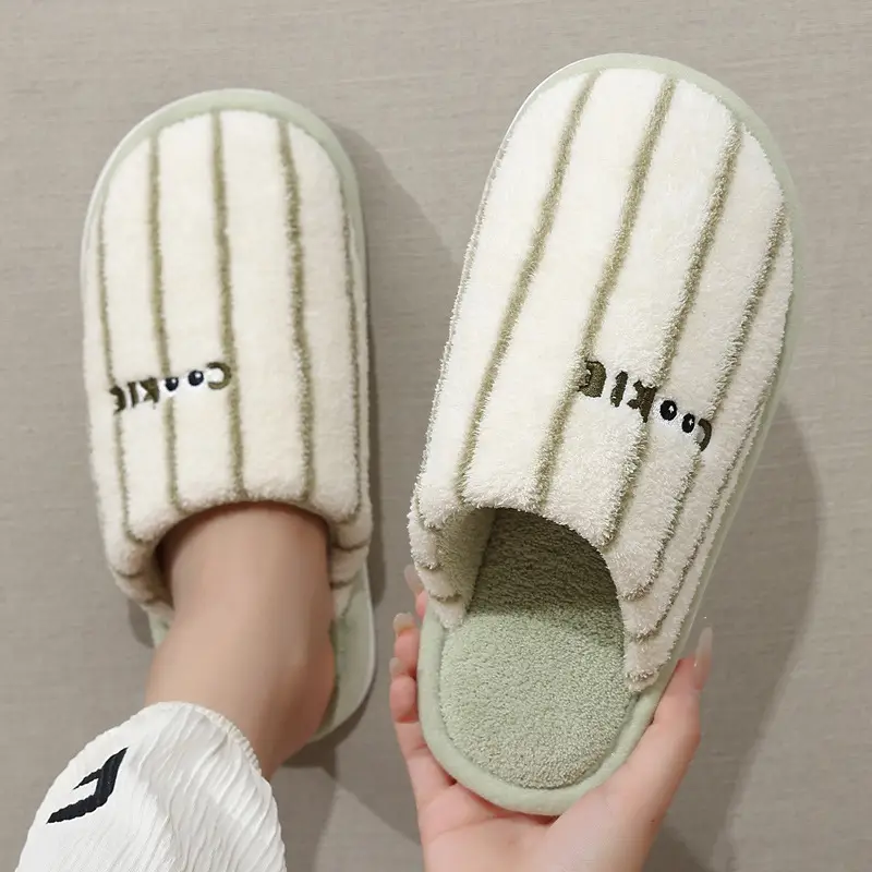 Japanese-Style Striped Cotton Slippers for Women, Autumn and Winter Indoor Home Closed-Toe Plush Thickened Warm Cotton Shoes Wholesale