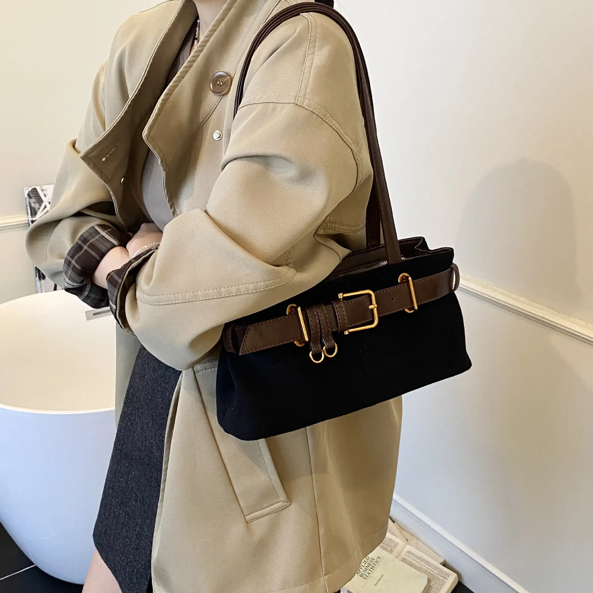 Women's Retro Suede Armpit Bag Beige Black 2025 - Image 7