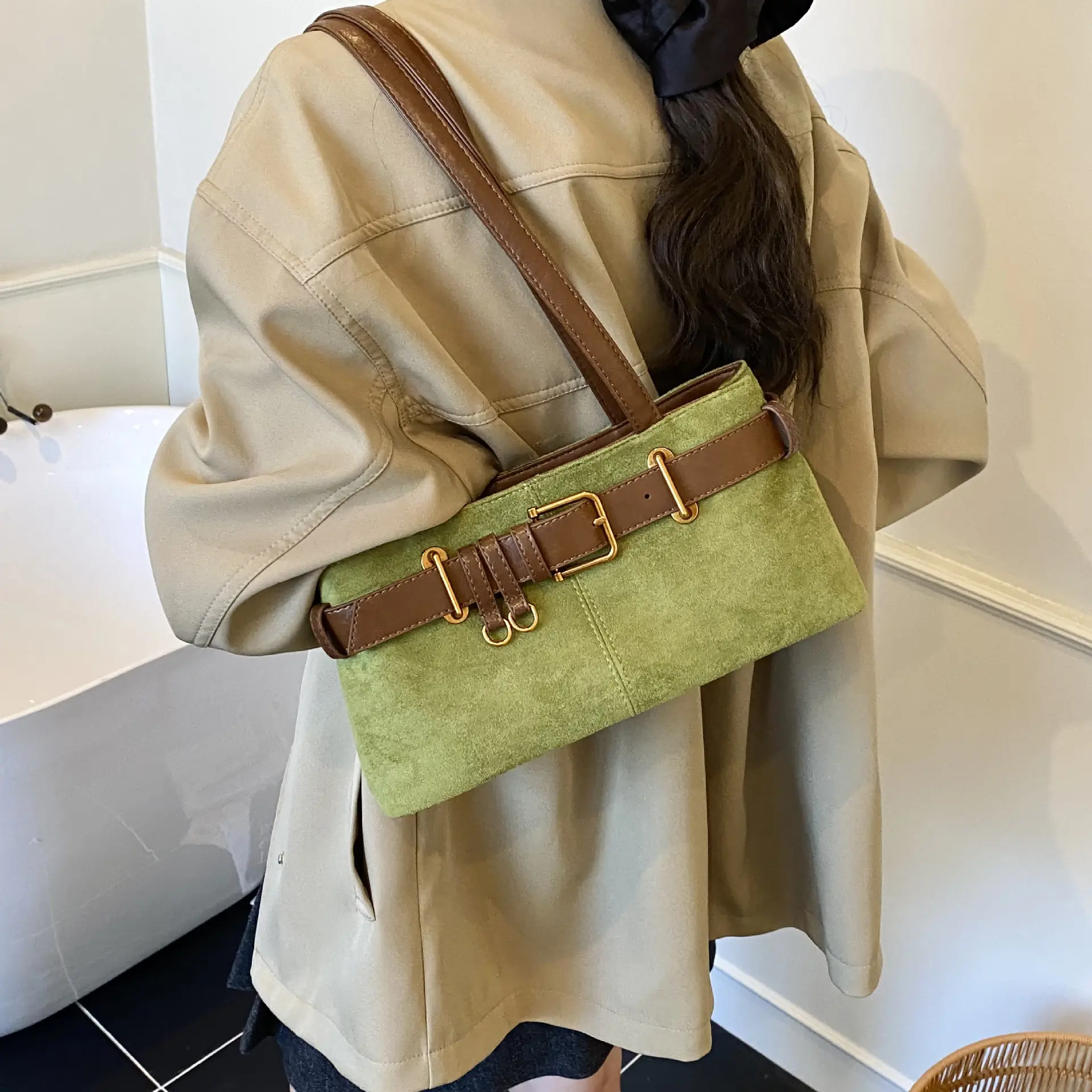 Women's Retro Suede Armpit Bag Beige Black 2025 - Image 8