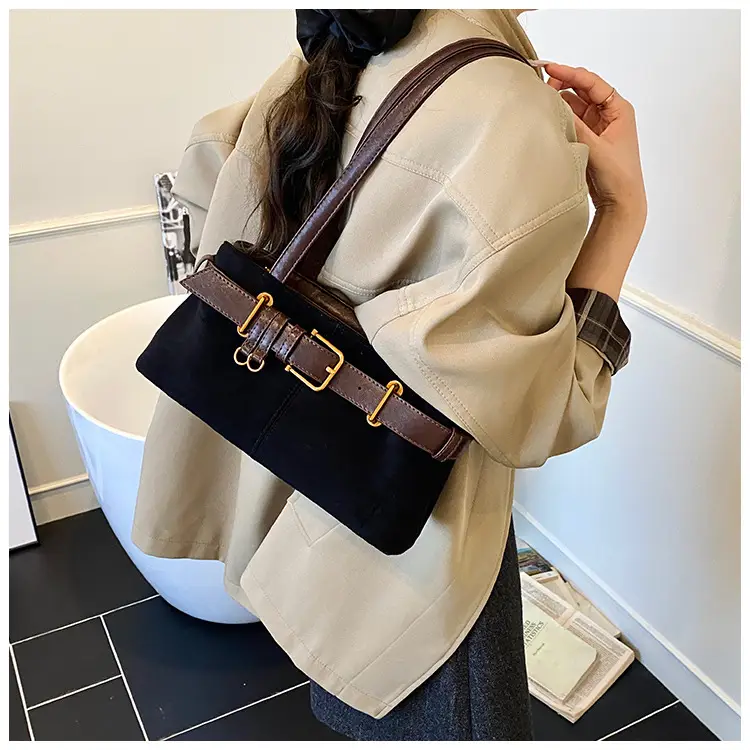 Women's Retro Suede Armpit Bag Beige Black 2025 — feature 33