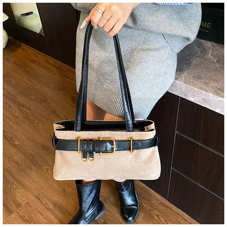 Women's Retro Suede Armpit Bag Beige Black 2025 — feature 40