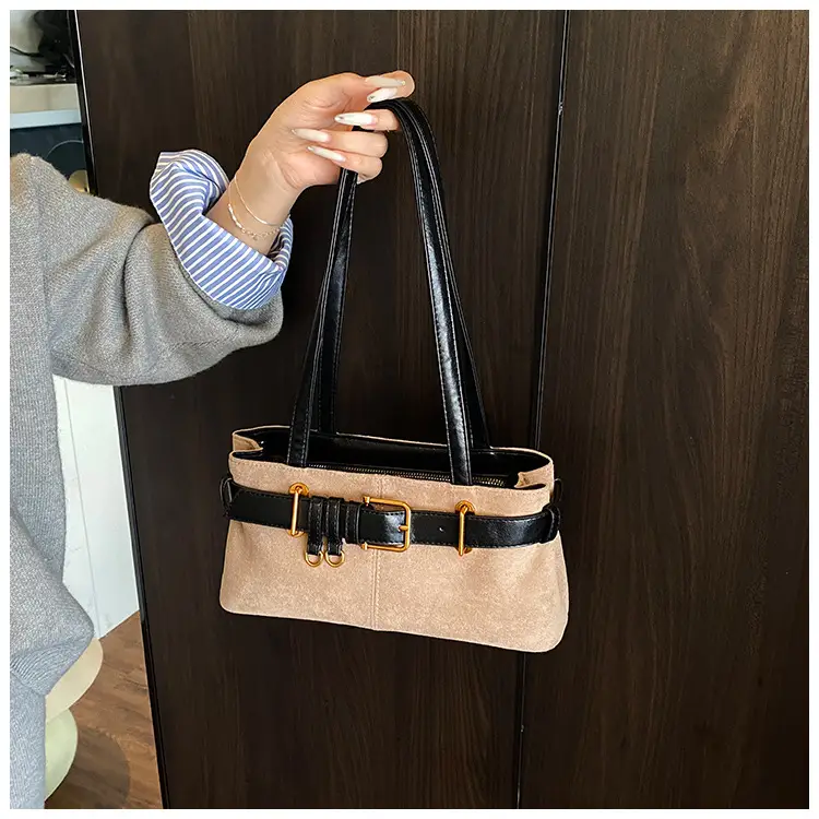 Women's Retro Suede Armpit Bag Beige Black 2025 — feature 41