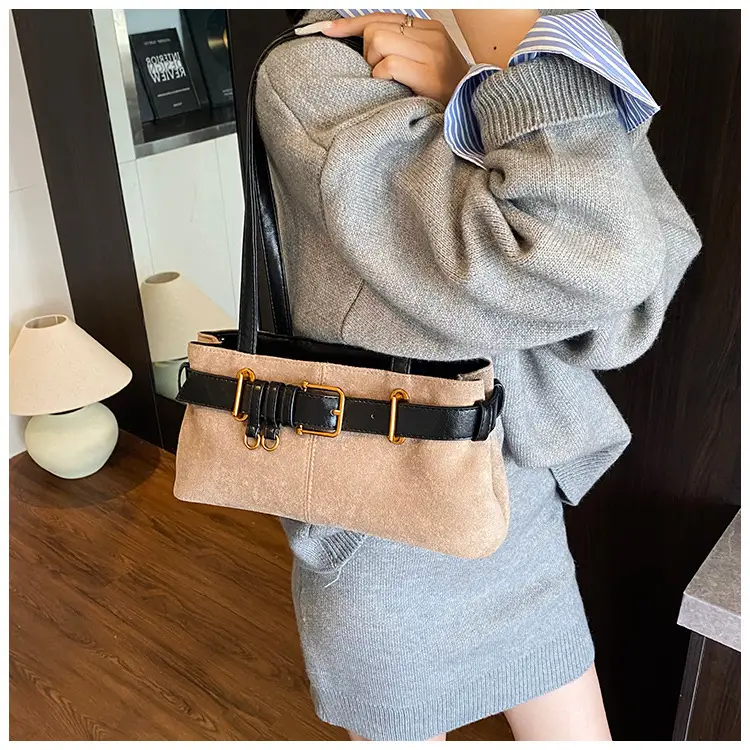 Women's Retro Suede Armpit Bag Beige Black 2025 — feature 46
