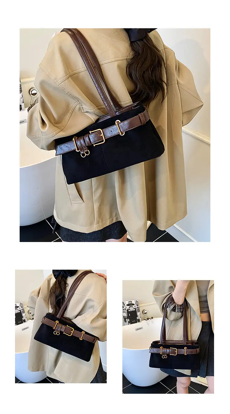 Women's Retro Suede Armpit Bag Beige Black 2025 — feature 7