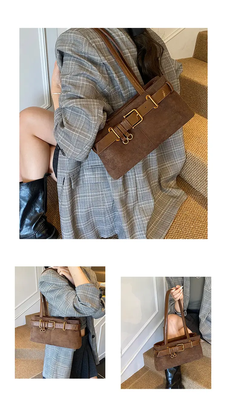 Women's Retro Suede Armpit Bag Beige Black 2025 — feature 9