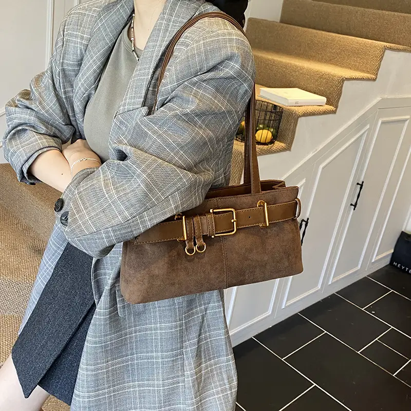 Women's Retro Suede Armpit Bag Beige Black 2025 - Image 2