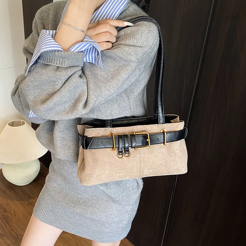 Women's Retro Suede Armpit Bag Beige Black 2025 - Image 5