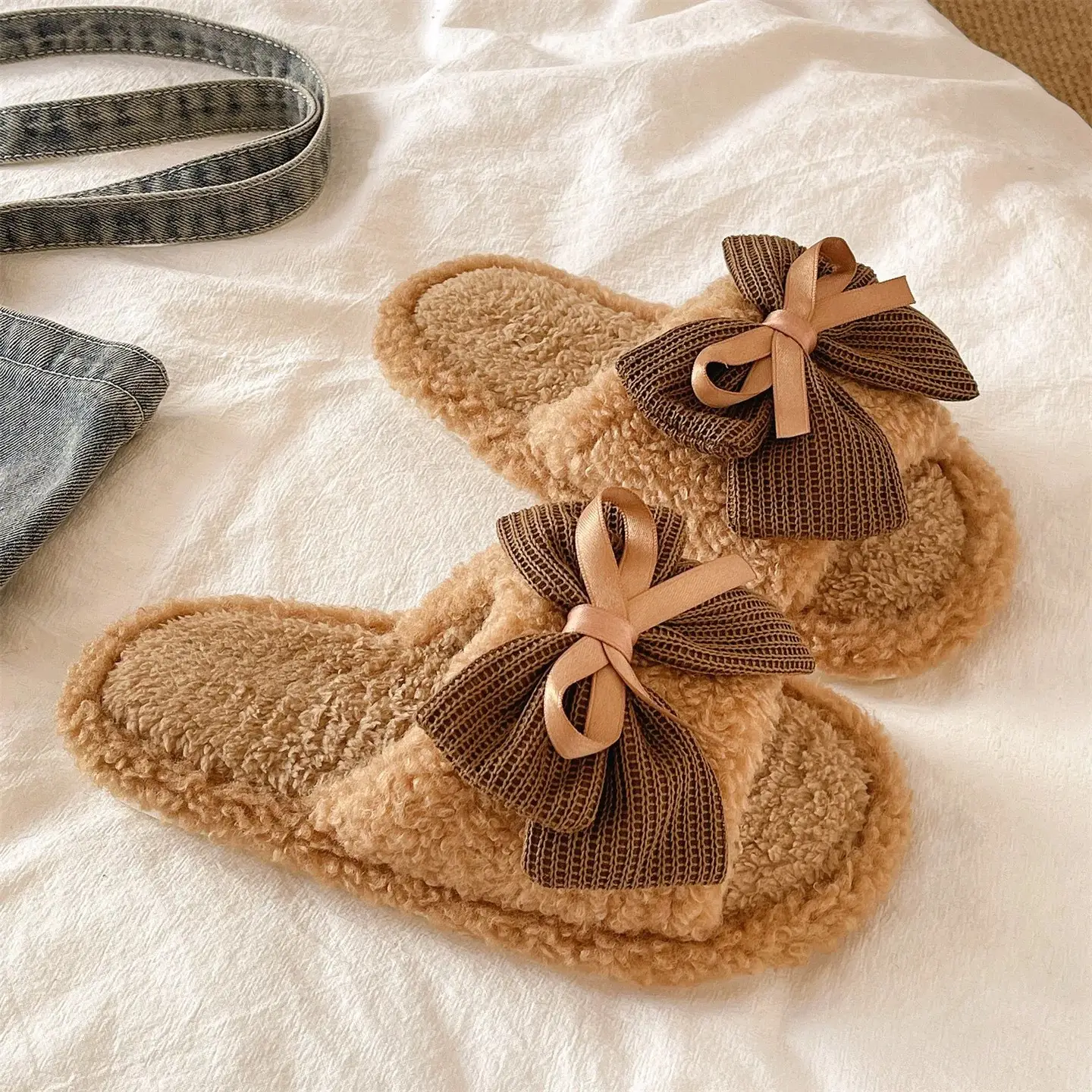 Women's Bow Knot Furry Slippers Brown 2026 Winter - Image 4