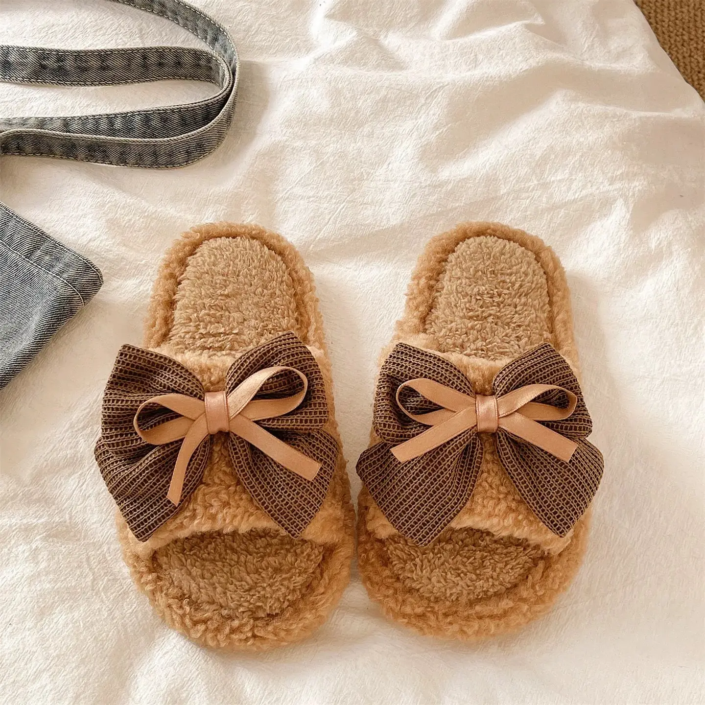 Women's Bow Knot Furry Slippers Brown 2026 Winter - Image 5