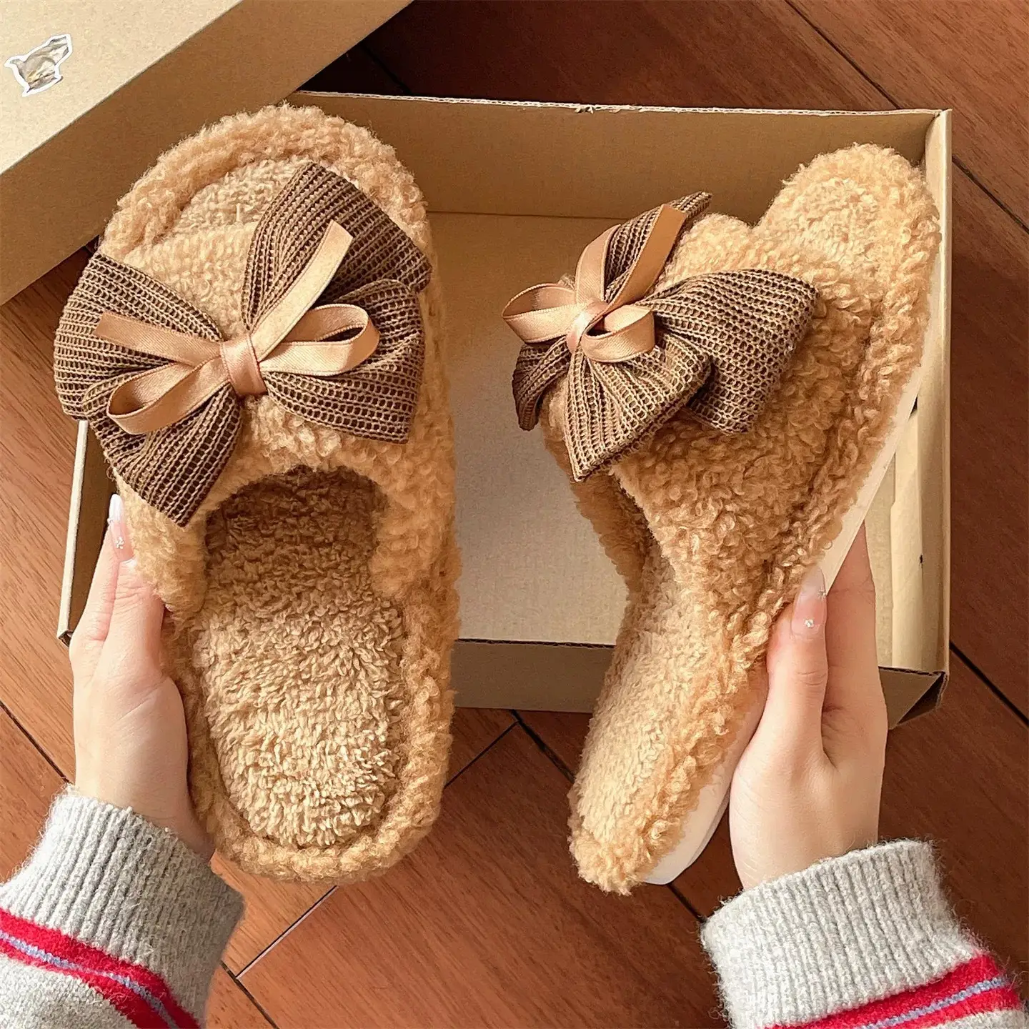 Women's Bow Knot Furry Slippers Brown 2026 Winter - Image 6