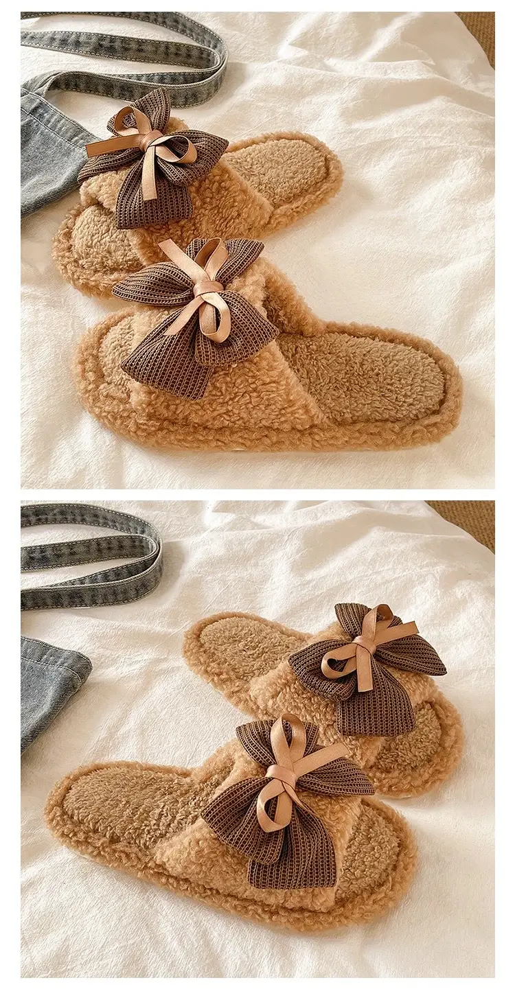 Women's Bow Knot Furry Slippers Brown 2026 Winter — feature 2