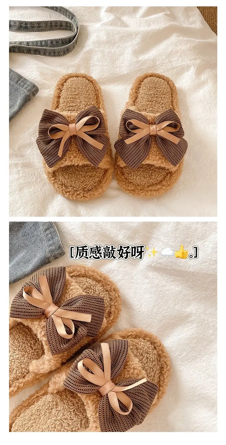 Women's Bow Knot Furry Slippers Brown 2026 Winter — feature 3