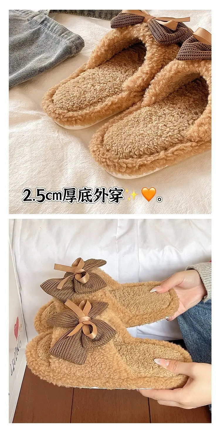 Women's Bow Knot Furry Slippers Brown 2026 Winter — feature 4