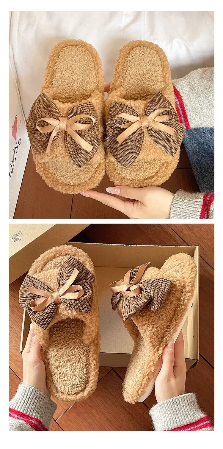 Women's Bow Knot Furry Slippers Brown 2026 Winter — feature 5