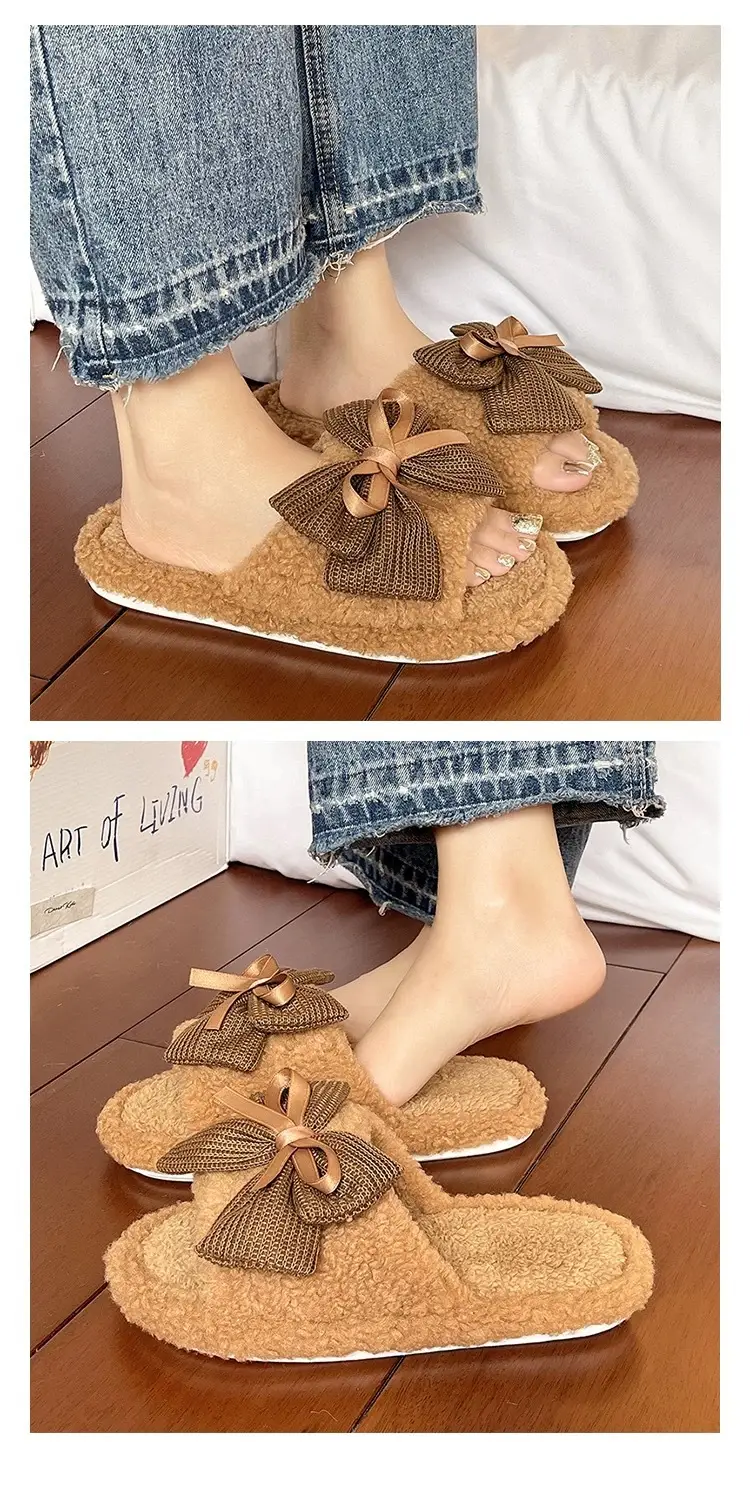 Women's Bow Knot Furry Slippers Brown 2026 Winter — feature 6