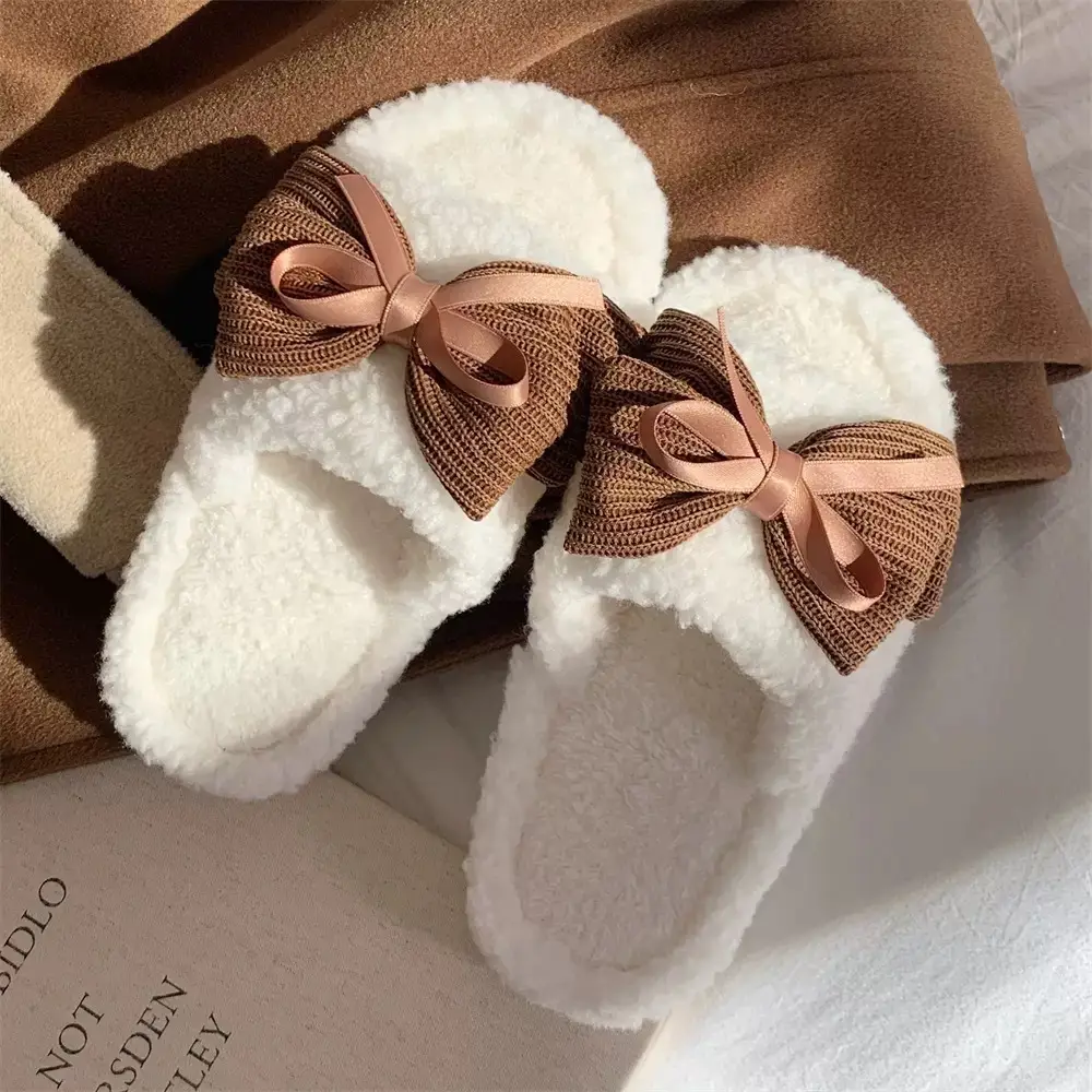 Women's Bow Knot Furry Slippers Brown 2026 Winter - Image 2