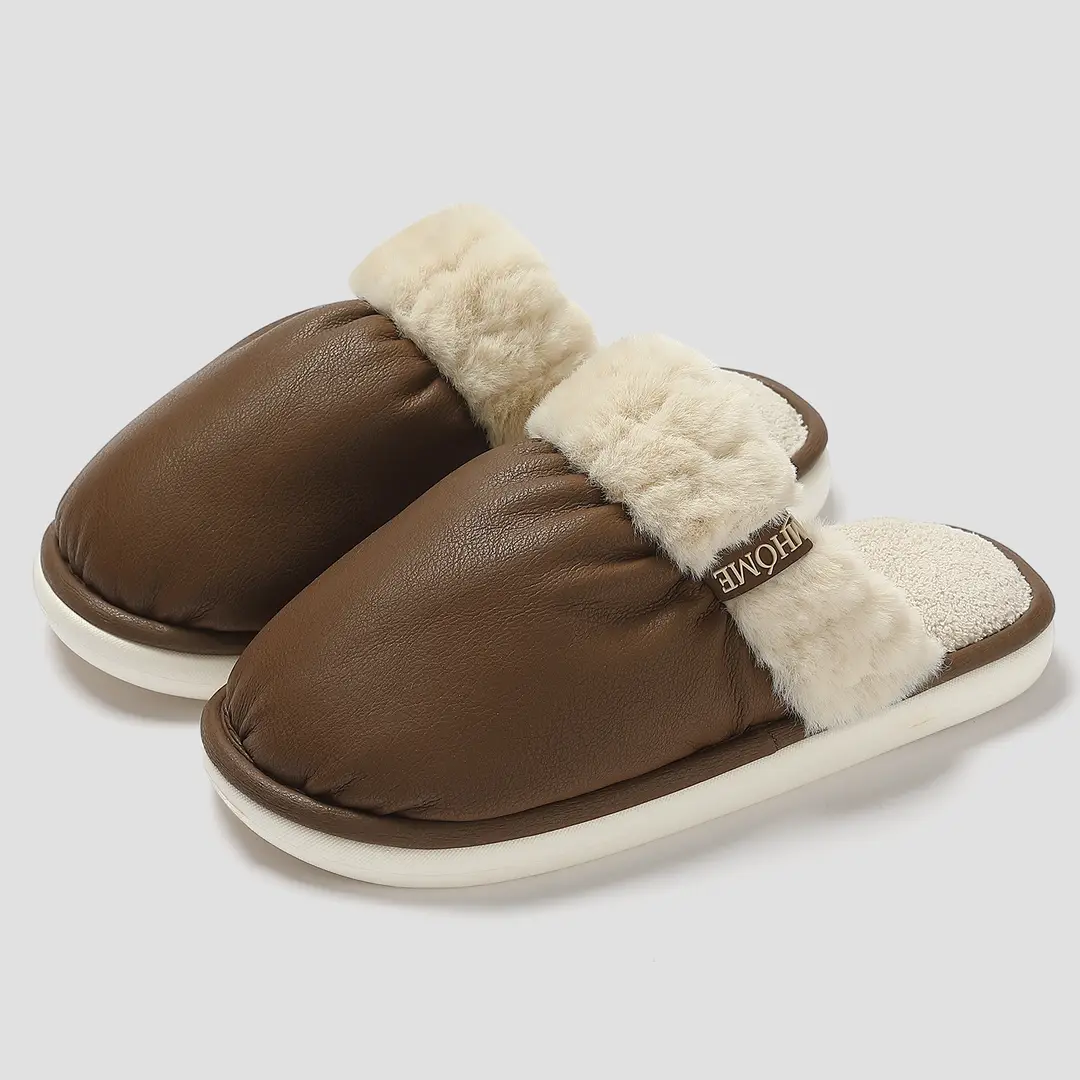 Home Cotton Slippers for Women, Winter Plush Warm Non-Slip Pu Waterproof Cotton Slippers, Men's Large Size Floor Slippers, Men's Winter Wholesale - Image 6