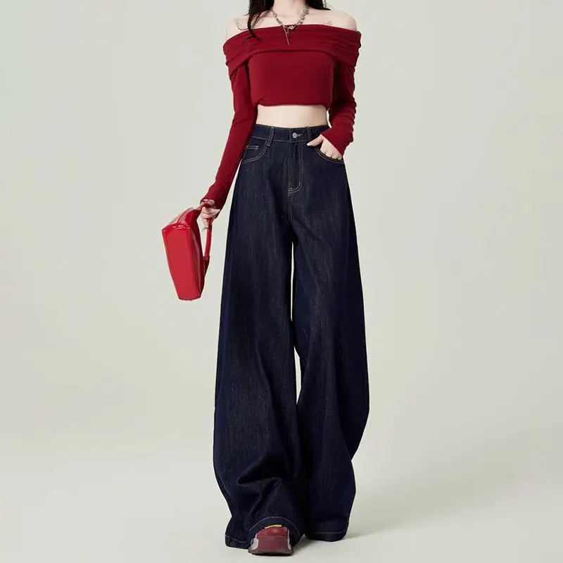 Dark Blue Wide Leg Pants with Hip Cover Top Set